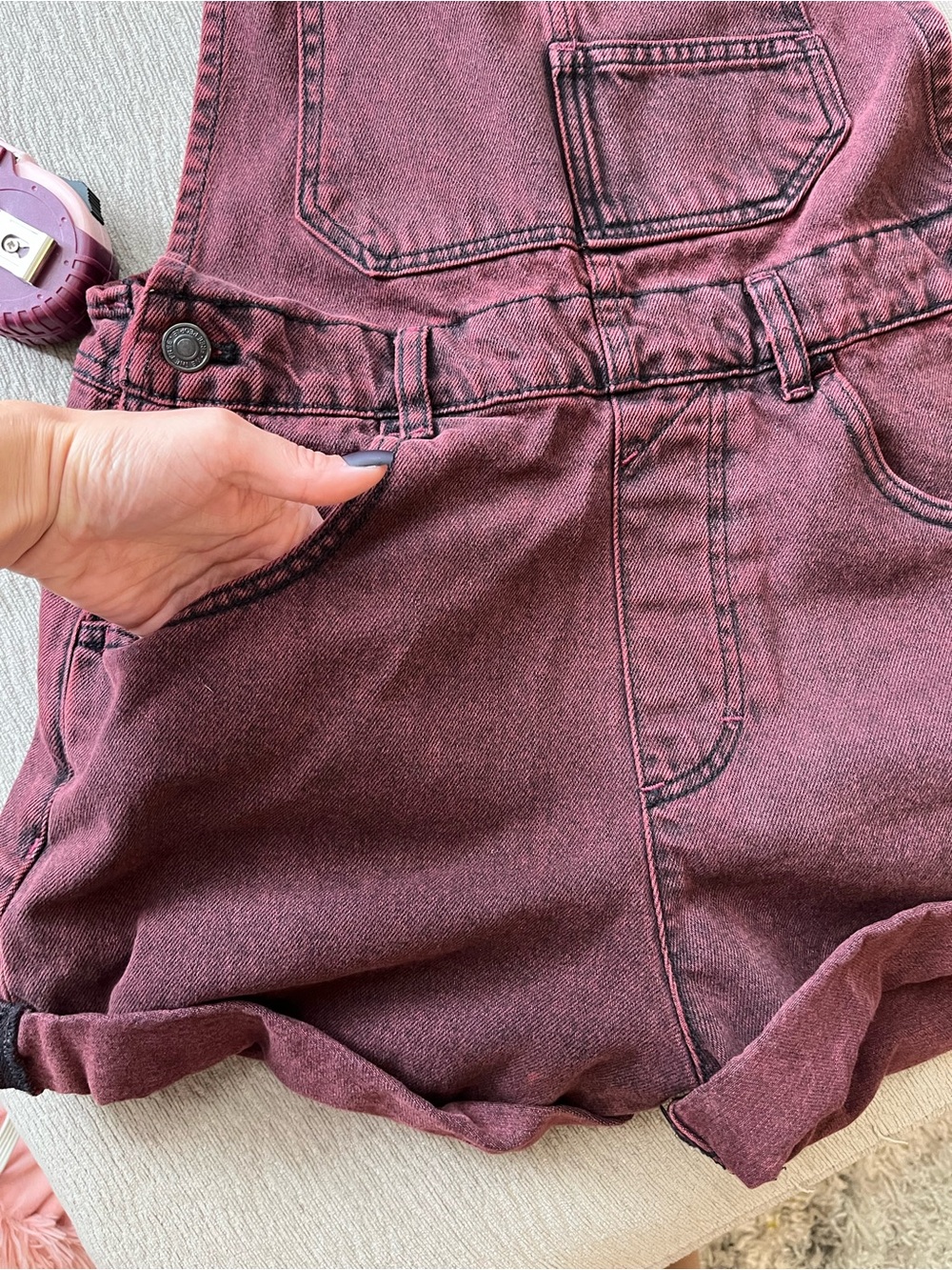 We The Free Maroon Short Denim Overalls - Picture 6 of 9